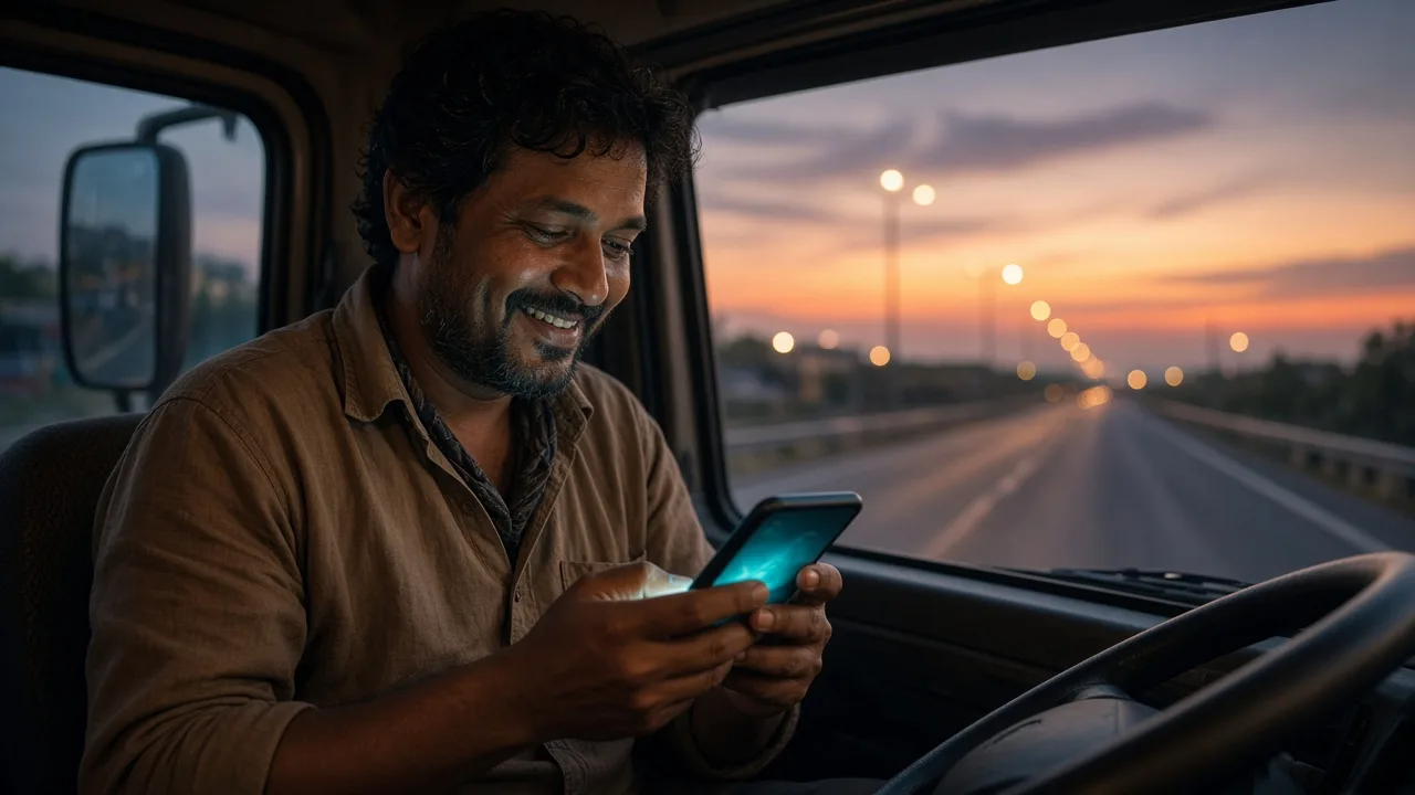 Truck owner in his cab at dusk smiling at a payment notification on his phone
