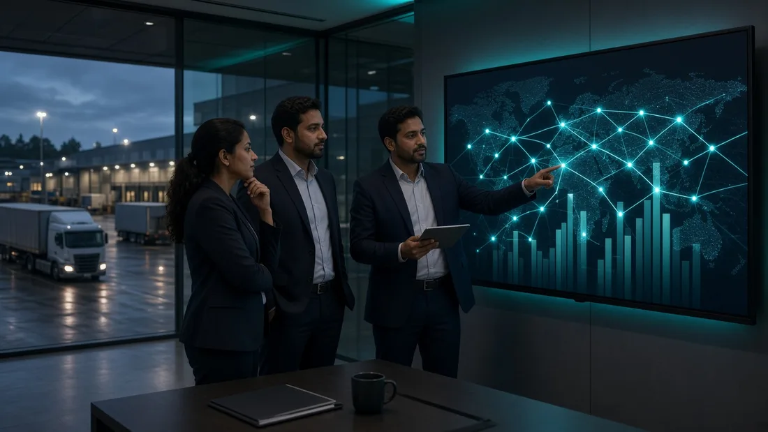 Procurement team reviewing transport bids on a wall display