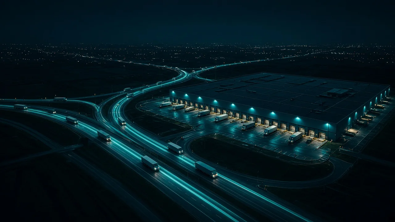 Night aerial view of a distribution centre with delivery trucks fanning out along lit highways