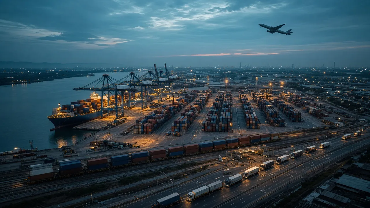Container port at dusk with a ship, cranes, a container train, trucks and a cargo plane