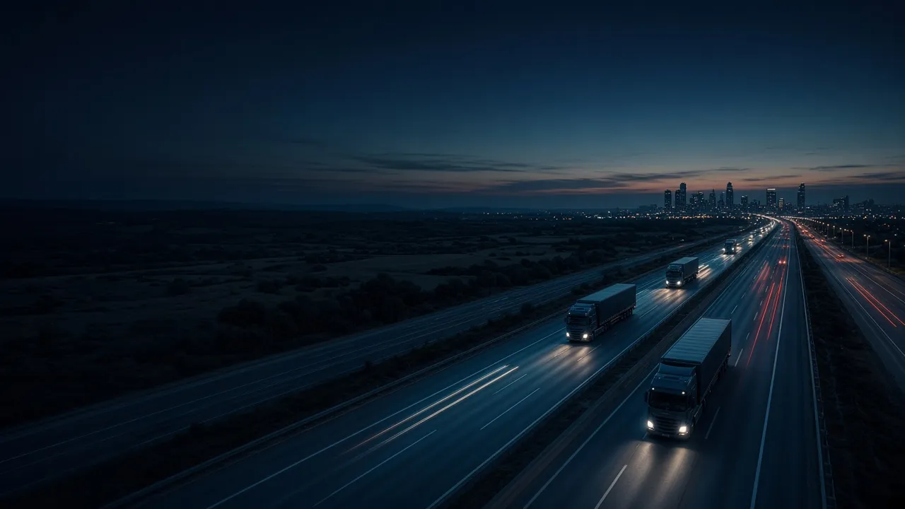 Trucks on a highway at dusk with a city skyline in the distance