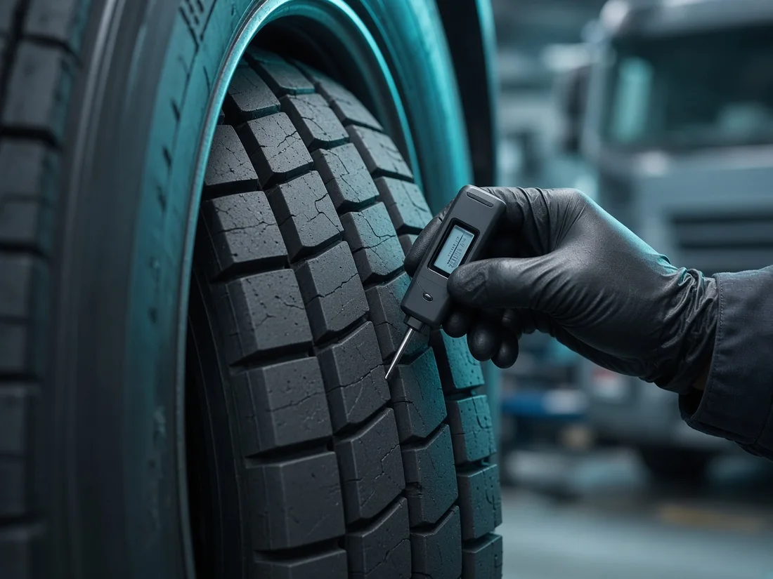 Mechanic measuring truck tyre tread depth