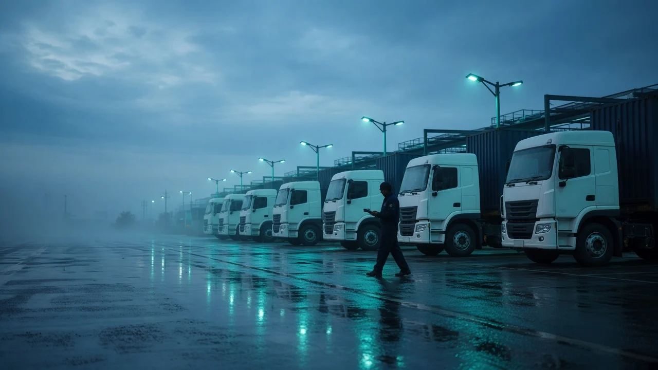 Fleet of trucks at a depot at dusk, a technician walking between them with a tablet
