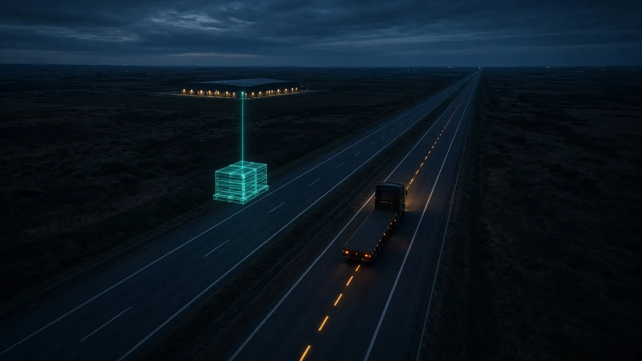 An empty flatbed truck on a highway at dusk with a glowing load being matched to it