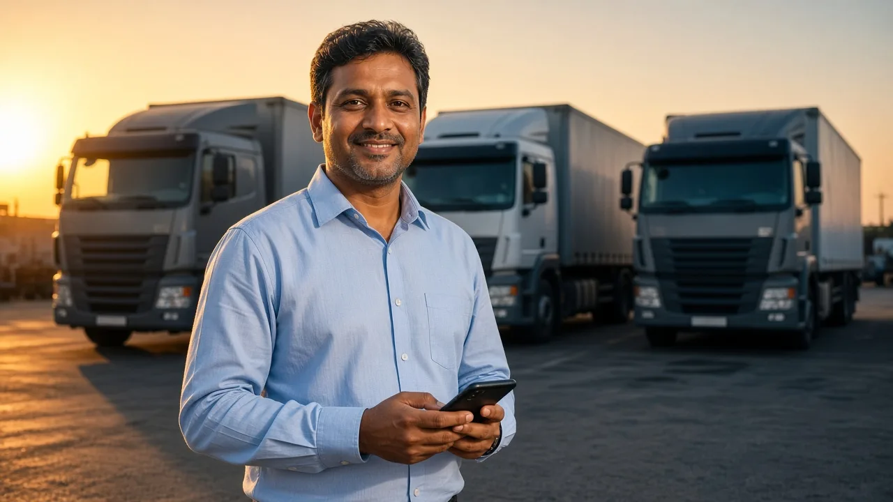Transport company owner smiling with his phone in front of his fleet of trucks at sunset