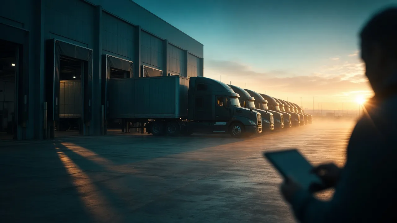 Loaded trucks lined up at warehouse docks at sunrise