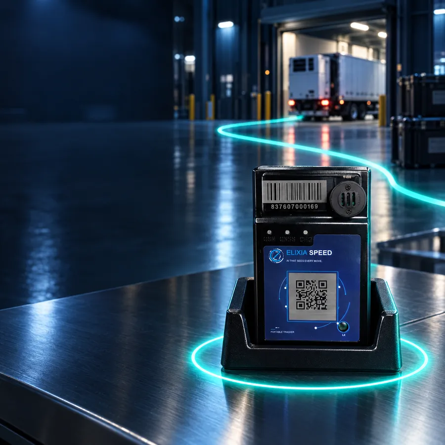 Elixia Speed tracker in its charging dock at a warehouse