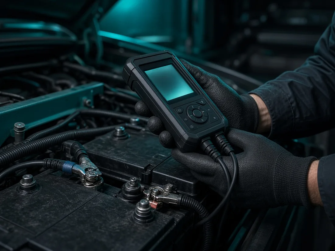 Technician testing a truck battery