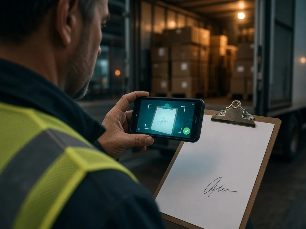 A transporter photographing a signed proof of delivery with a phone at a loading dock