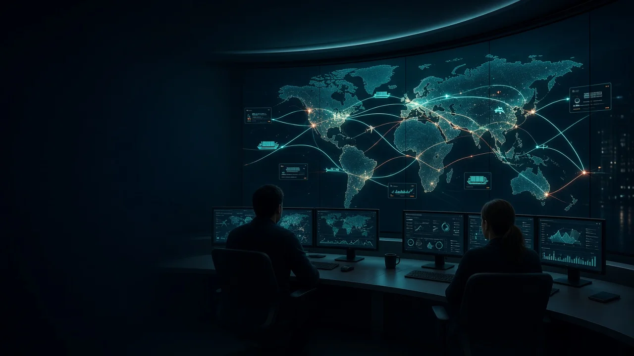 A logistics control tower at night with a wall of screens showing road, rail, ocean and air routes