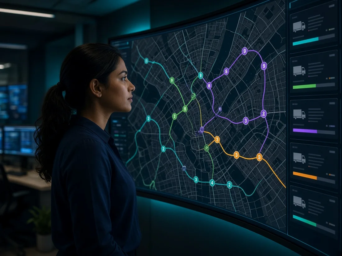 A dispatch planner reviewing colour-coded delivery routes on a large wall screen